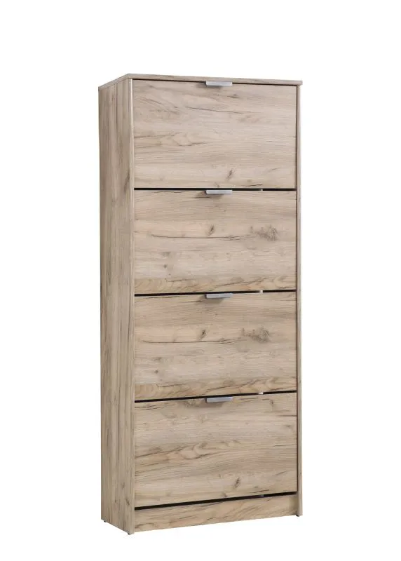 Schuhschrank mit vier Kipptüren Gradide 04, Eiche Grau, ABS-Kanten, acht Fächer, modernes Design, Maße: 155,5 x 67 x 28 cm, Griffe: Grau, für den Vorraum