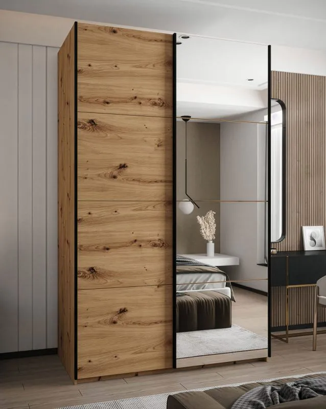 Kleiderschrank / Schiebetürenschrank | Soft-Close | 11 Fächer | Farbe: Eiche Artisan | 245,5 x 160 x 64 cm | Spiegel | 2 Kleiderstangen | 2 Schiebetüren