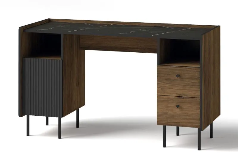 Schreibtisch Mairenke 09, Farbe: Walnuss / Schwarz matt - Abmessungen: 79 x 135 x 55 cm (H x B x T)