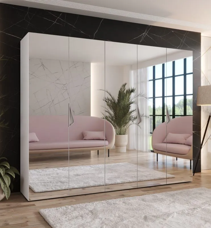 Drehtürenschrank / Kleiderschrank | Farbe: Weiß | 3 Fächer | Soft-Close | Griffe: Kaschmir | Schlafzimmerschrank mit Spiegel | Maße: 250 x 52 x 202 cm | ABS-Kanten