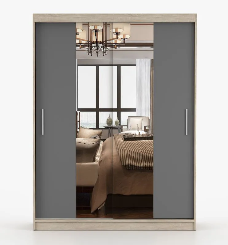 Schiebetürenschrank / Kleiderschrank | Spiegel | 61 x 150 x 200 cm | Sonoma Eiche / Grau | Bucegi  07 | 2 Türen | Griffe: Aluminium | 6 Fächer