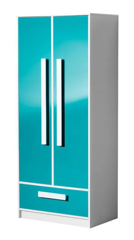 Kinderzimmer - Drehtürenschrank / Kleiderschrank Walter 01, Farbe: Weiß / Blau Hochglanz - 191 x 80 x 50 cm (H x B x T)