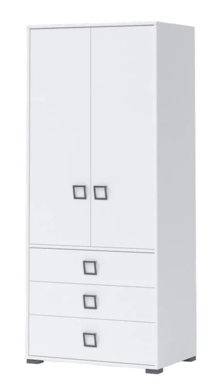 Kleiderschrank | 2 Drehtüren | 3 Schubladen | 1 Fach | mit Kleiderstange | 84 cm breit | Farbe: Weiß Abbildung