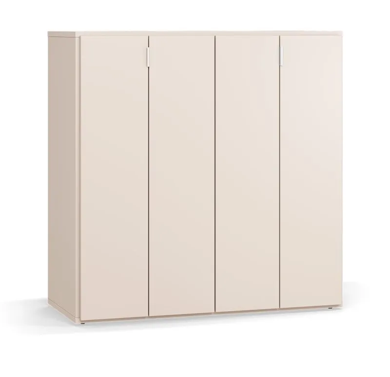 Kommode / Weinregal | Farbe: Beige | 2 Falttüren | 3 Schubladen |Griffe: Weiß | Maße: 112 x 47 x 112 cm | inkl. LED-Beleuchtung mit Bewegungssensor
