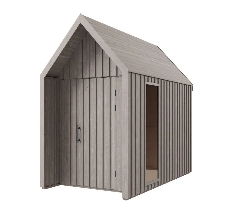 Gartenhütte im skandinavischen Style | 1 Fenster | Grau-Braun | Grundfläche: 4,64 m² | Satteldach | Außenmaße: 162,4 x 285,7 cm | Malmö 22 | Fichtenholz