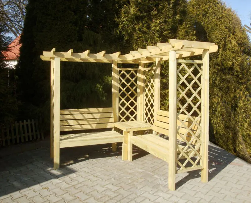 Eckpergola Guzmania aus Kiefernholz, massiv, kesseldruckimprägniert, 194 x 212 x 50 cm, mit Sitzbank und Tisch, stabil und langlebig