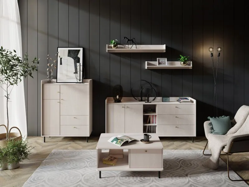 Wohnzimmer Set | 5-teilig | Farbe: Beige mit Holzstruktur | Griffe & Beine: Metall | 1 Couchtisch | 2 Wandregal | 2 Kommoden | genügend Stauraum