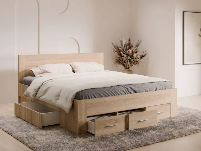 Doppelbett | genügend Stauraum | Farbe: Eiche Sonoma | Liegefläche: 180 x 200 cm | 5 Schubladen | Griffe: Metall | angenehme Farbwahl