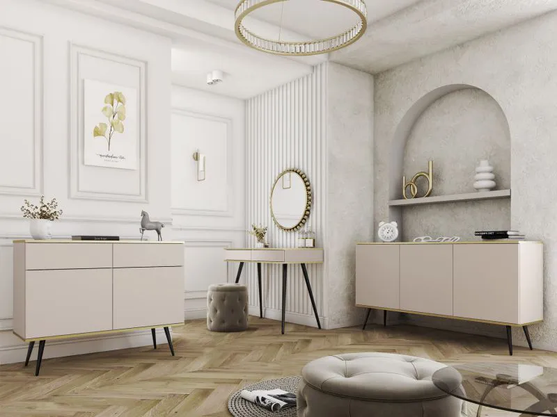 Wohnzimmer - Set C Horsham, 3-teilig, Farbe: Beige, Push-to-open Funktion, Beine: Schwarz, eine schmale Kommode, ein Sideboard, ein Schminktisch, ABS-Kanten