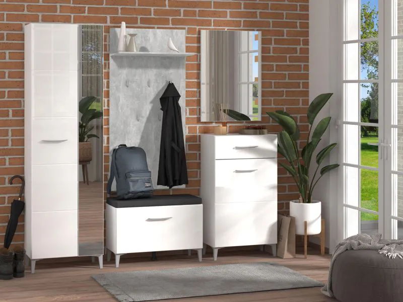 Garderobe Komplett - Set A Molia, 5-teilig, Farbe: Weiß / Weiß Hochglanz, ABS-Kanten, ein Garderobenschrank, eine Kommode, ein Spiegel, ein Schuhschrank mit Sitzkissen und Garderobe mit fünf Haken