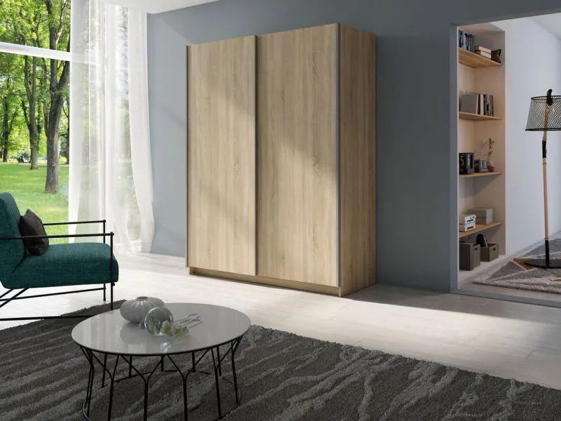150 cm breiter Schiebetürenschrank mit 2 Türen | 5 Fächer | Kleiderstange | Farbe: Eiche Abbildung
