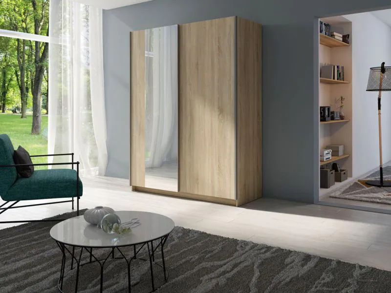 150 cm breiter Schiebetürenschrank mit 5 Fächern und 2 Türen | Farbe: Eiche | Laminiert Abbildung