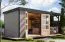Holz Gartenhaus mit Anbaudach wassergrau/anthrazit – langlebige Stahlecken, witterungsbeständiges Pultdach, Doppelflügeltür mit Zylinderschloss 6,35m²