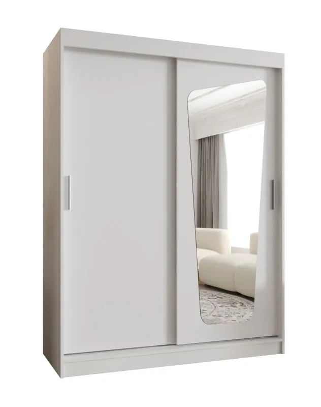Kleiderschrank Aletschhorn 10, 1,5 Meter breit, Farbe: Weiß, eine Spiegeltür, Aluminiumschienen, fünf Fächer, Schiebetürenschrank, zwei Kleiderstangen