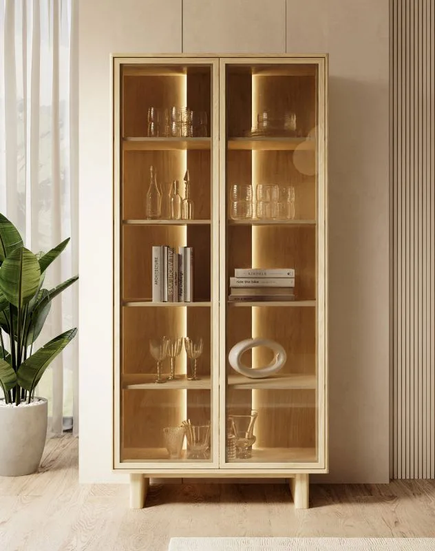 Vitrine | Farbe: Eiche geölt | Push-to-open Funktion | 2 Glastüren | inkl. LED-Beleuchtung | 5 Fächer | 94 x 38 x 195 cm | für Wohnzimmer