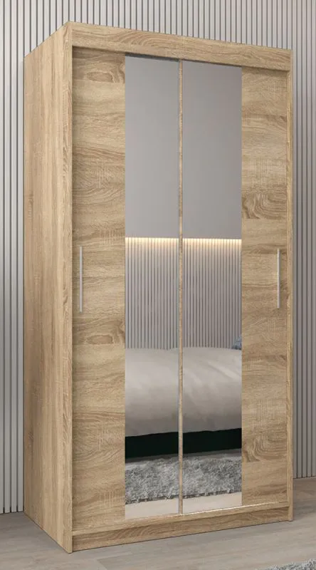 Schiebetürenschrank / Kleiderschrank Bisaurin 1B mit Spiegel, Farbe: Eiche Sonoma - Abmessungen: 200 x 100 x 62 cm ( H x B x T)