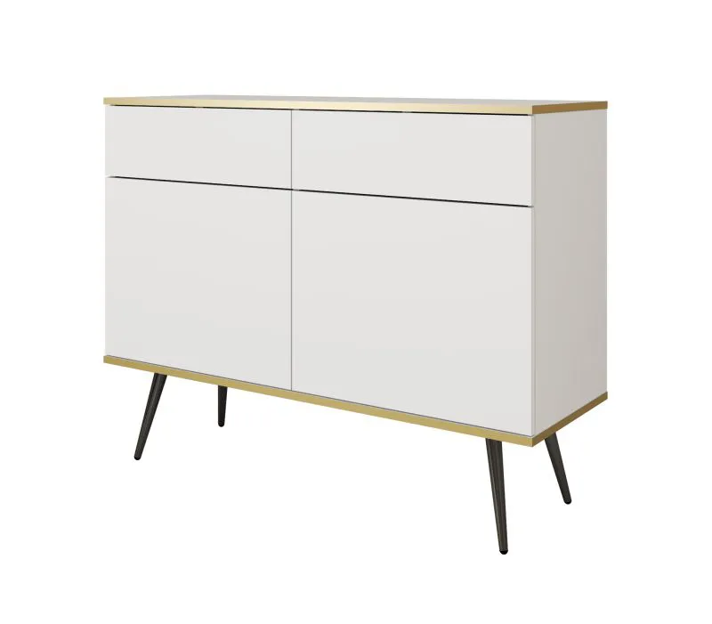 Kleine Kommode mit zwei Schubladen Horsham 61, Farbe: Weiß, zwei Türen, ABS-Kantenschutz, Push-to-open Funktion, vier Fächer, Beine: Schwarz