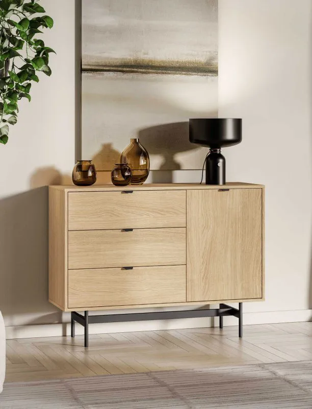 Kommode | Farbe: Eiche Mavelie | 3 Schubladen | Soft-Close Funktion | 1 Tür | 2 Fächer | 115 x 40 x 85 cm | schlichtes Design | für Wohnzimmer