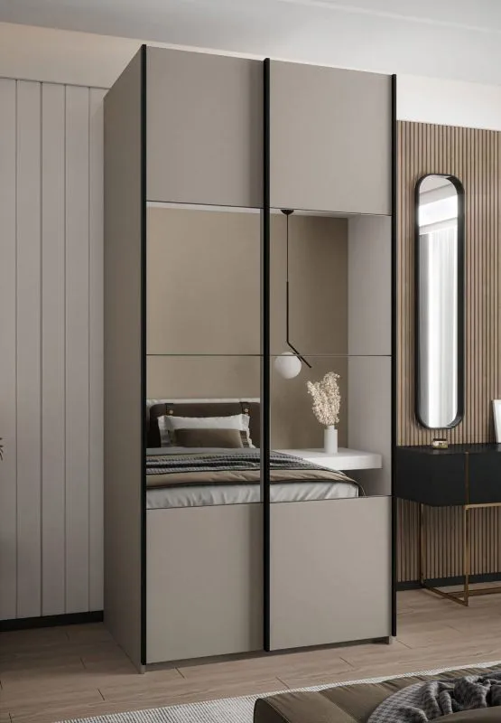 Kleiderschrank / Schiebetürenschrank | 2 Kleiderstangen | 2 Schiebetüren | 245,5 x 110 x 64 cm | Spiegel | 6 Fächer | Soft-Close | Farbe: Kaschmir