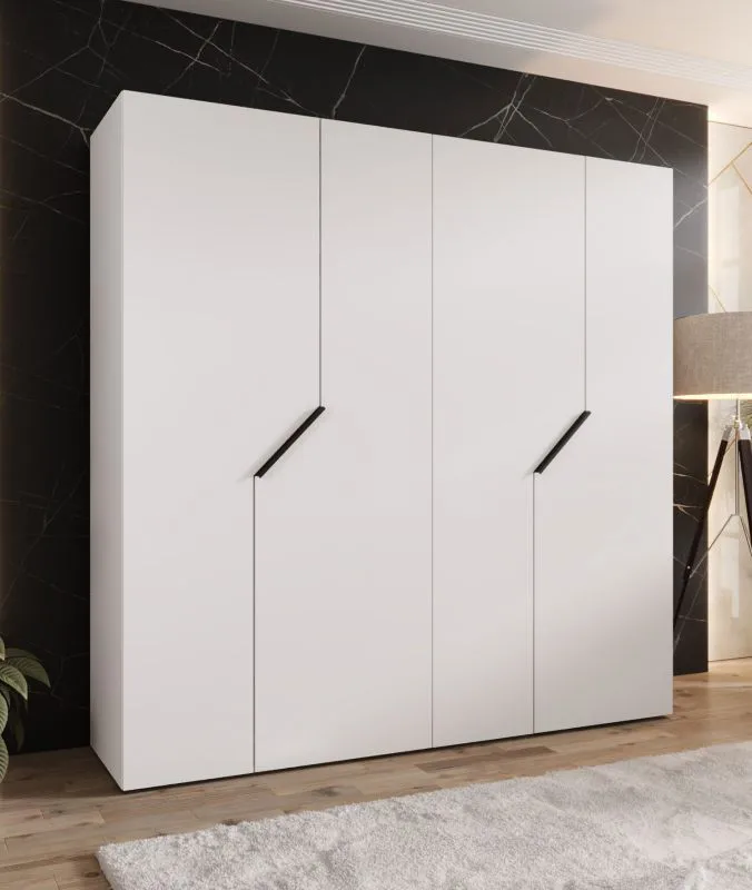Kleiderschrank | 4-Türig | Farbe: Weiß | 2 Fächer | 2 Kleiderstangen | Griffe: Schwarz | Soft-Close-Funktion | Maße: 200 x 52 x 202 cm | ABS-Kanten