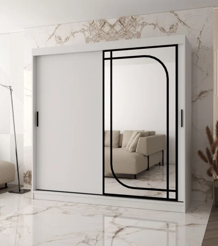 Schiebetürenschrank | Weiß Matt | dekorativer Spiegel | 200 x 62 x 200 cm | 10 Fächer | 2 Kleiderstangen | Moderne Details | Kleiderschrank