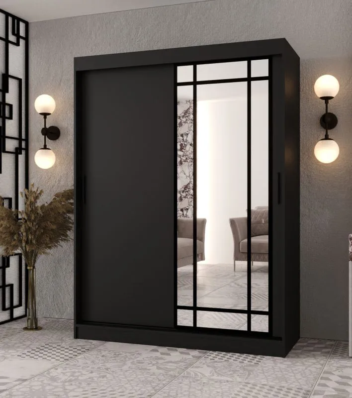 Schiebetürenschrank | Schwarz Matt | dekorative Spiegeltür | 150 x 62 x 200 cm | 5 Fächer | 2 Kleiderstangen | Schiebetürenschrank | Elegante Ausführung
