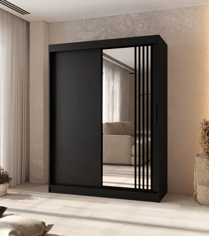 Schiebetürenschrank | Schwarz Matt | 5 Fächer | 2 Kleiderstangen | Moderne Details | 1 Spiegeltür | 150 x 62 x 200 cm | Kleiderschrank