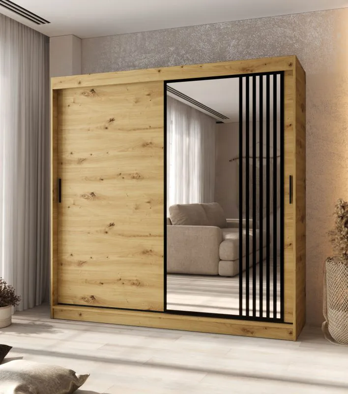 Kleiderschrank / Schiebetürenschrank | dekorative Spiegeltür | Farbe: Eiche Artisan | 10 Fächer | 2 Kleiderstangen | 200 x 62 x 200 cm | für Schlafzimmer