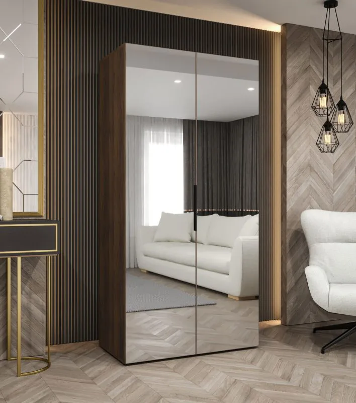 Kleiderschrank / Drehtürenschrank mit zwei Spiegeltüren | Farbe: Walnuss | 1 Meter breit | Griffe: Schwarz | ein Fach | eine Kleiderstange | Soft-Close