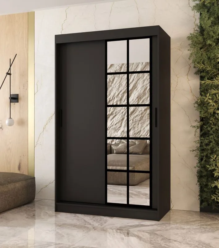 Schiebetürenschrank | Schwarz Matt | 5 Fächer | 2 Kleiderstangen | hochwertig Verarbeitet | 120 x 62 x 200 cm | Kleiderschrank | Spiegeltür | modernes Design