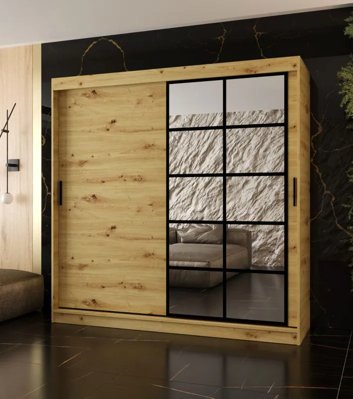 Kleiderschrank | Farbe: Eiche Artisan | 10 Fächer | 2 Kleiderstangen | hochwertig Verarbeitet | 200 x 62 x 200 cm | Schiebetürenschrank | dekorative Spiegeltür