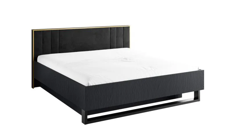 Doppelbett Amfipoli 14, mit einen Lattenrost mit Hebemechanismus, Farbe: Schwarz mit Holzstruktur, gepolstertes Kopfteil, Liegefläche: 180 x 200 cm