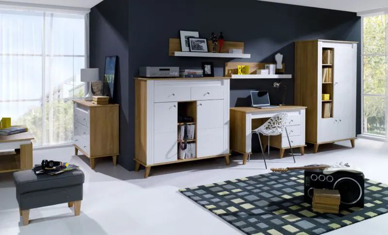 Wohnzimmer Komplett - Set A "Bambey", 6-teilig, Farbe: Eiche / Weiß