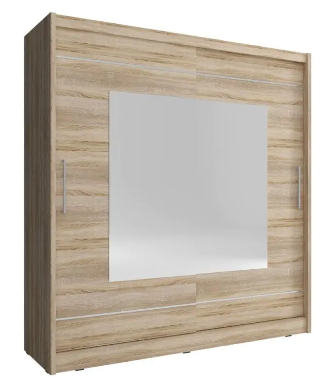 Moderner Schwebetürenschrank mit fünf Fächern Warbreck 60, Farbe: Eiche Sonoma - Abmessungen: 200 x 180 x 62 cm (H x B x T), mit Spiegel