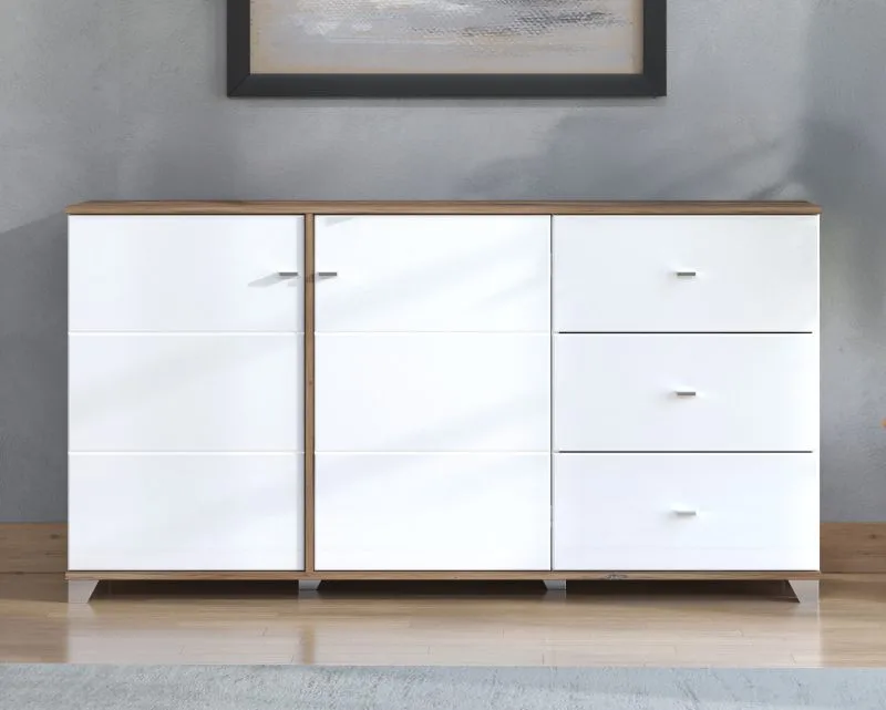 Sideboard / Kommode mit vier Fächer Kanjiza 06, Farbe: Eiche Flagstaff / Weiß / Weiß Hochglanz, drei Schubladen, zwei Türen, Maße: 85 x 162 x 40 cm