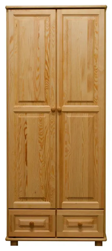 Schmaler Kleiderschrank | 2 Drehtüren | 2 Schubladen | 4 Fächer | mit Kleiderstange | 80 cm breit | Massivholz | Farbe: Natur Abbildung
