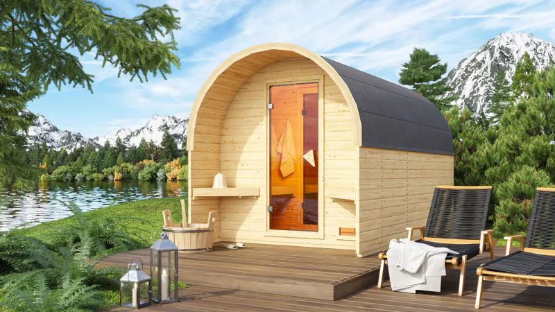 Fasshaus 3 mit Ofen BIO 9 kW inkl. 2 Bänken, bronzierter Ganzglastür & Vorraum, Farbe: Natur - 219 x 385 cm (B x T), Grundfläche: 6,9 m²