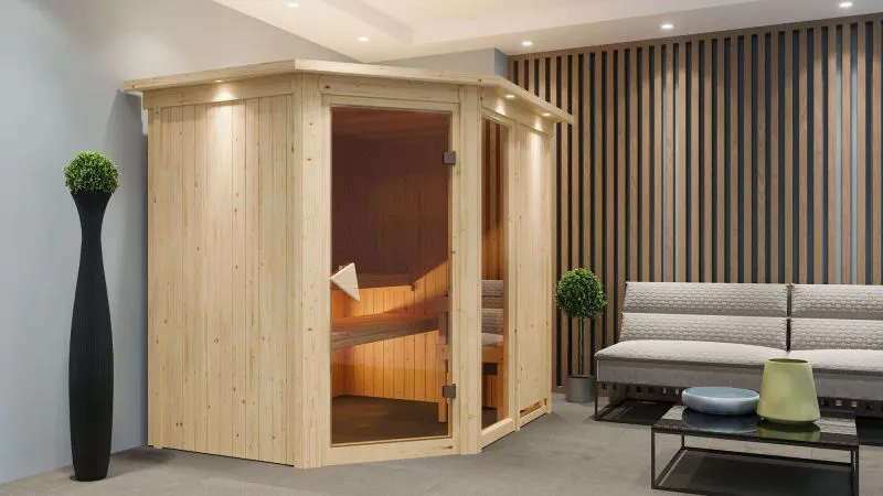 Sauna "Bjarki 2" SET mit bronzierter Tür und Kranz mit Ofen BIO 9 kW - 210 x 184 x 202 cm (B x T x H)