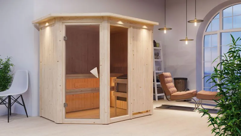 Sauna "Bjarki 1" SET mit bronzierter Tür und Kranz mit Ofen 9 kW - 210 x 165 x 202 cm (B x T x H)