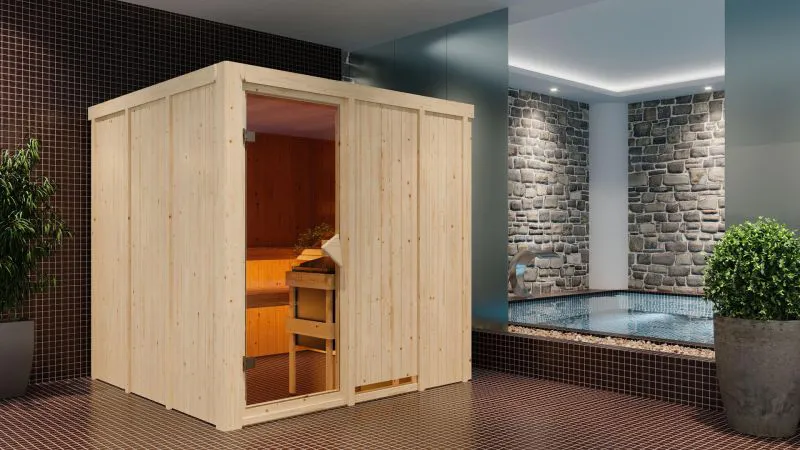 Sauna "Aleksi" SET mit Ofen externe Steuerung easy 9 kW Edelstahl - 196 x 196 x 198 cm (B x T x H)
