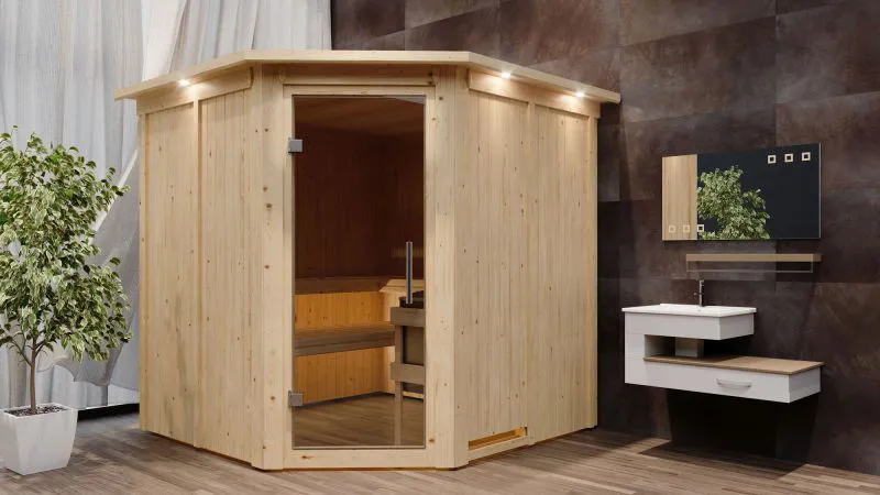 Sauna "Nooa" SET mit Kranz und graphitfarbener Tür - Farbe: Natur, Ofen externe Steuerung easy 9 kW - 210 x 210 x 202 cm (B x T x H)