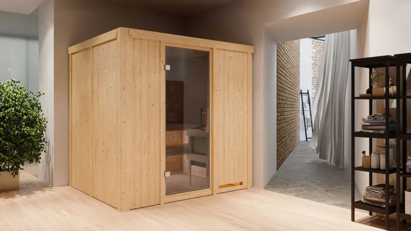 Sauna "Eemil" SET mit graphitfarbener Tür - Farbe: Natur, Ofen externe Steuerung easy 9 kW - 196 x 170 x 198 cm (B x T x H)