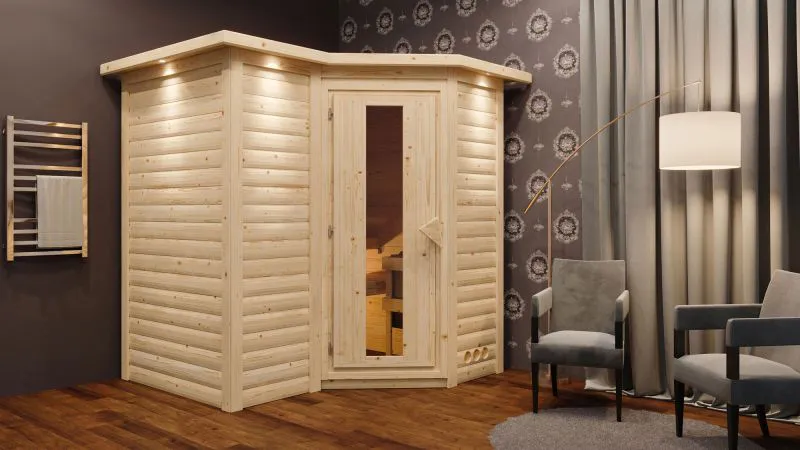 Sauna "Tjara 1" SET mit Energiespartür und Kranz - Farbe: Natur, Ofen BIO 9 kW - 221 x 198 x 212 cm (B x T x H)