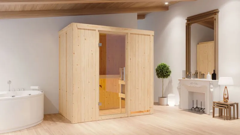 Sauna "Eeli" SET mit Klarglastür & Ofen externe Steuerung easy 9 kW - 196 x 118 x 198 cm (B x T x H)