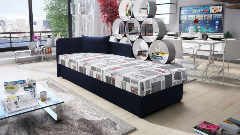 Tagesbett / Gästebett mit Stauraum Lobatos 51, Farbe: Blau, bequeme, Kopfteil links, Liegefläche: 80 x 195 cm, Sofa-Bett, für Gästezimmer