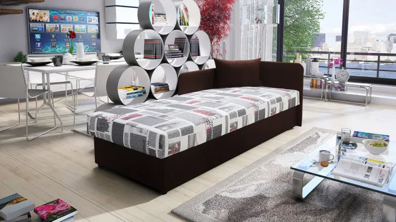 Tagesbett / Einzelbett inkl. Kissen Lobatos 58, Farbe: Braun, Liegefläche: 80 x 195 cm, genügend Stauraum, Bonellfederkernung, Kopfteil rechts
