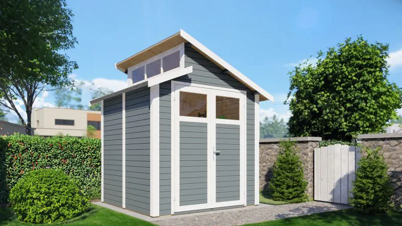Gartenhaus / Gerätehaus Puchheim 01 inkl. Fußboden, Grau - 19 mm Elementgartenhaus, Grundfläche: 4,24 m², Doppel-Pultdach