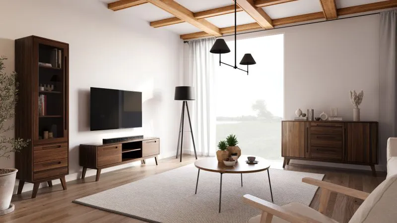 Wohnzimmer - Set K Engordany | 3-teilig | Farbe: Walnuss | Buche Vollholz massiv | lackiert | 1 Kommode | 1 TV-Schrank | 1 Vitrine