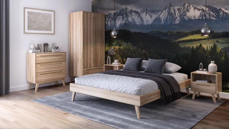 Schlafzimmer - Set D Engordany | 5-teilig | Farbe: Buche | Buche Vollholz massiv | lackiert | 2 Nachtkommode | 1 Doppelbett | 1 Kommode | 1 Kleiderschrank | hochwertige Verarbeitung