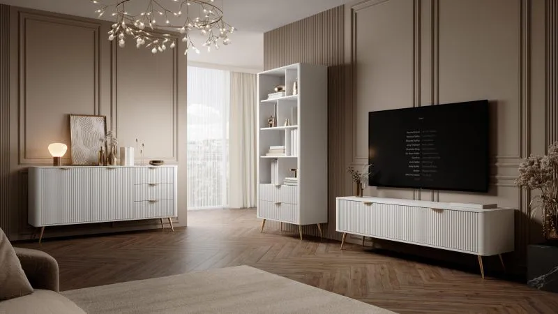 Wohnzimmer - Set E Sloughia | 3-teilig | Weiß | Griffe & Beine: Metall | Kommode | TV-Unterschrank | Bücherregal | modernes Lamellen Design | sehr stabil